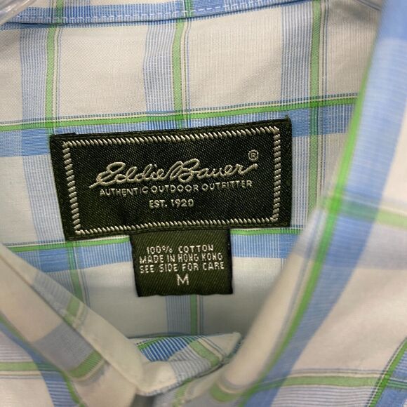 Eddie Bauer Mens Shirt M White Blue Plaid Button Wrinkle Stain Resistant Cotton - Picture 6 of 11